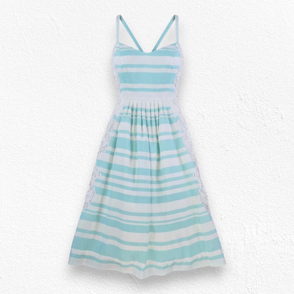 Moulinette Soeurs Blue White Striped Lace Inset Fit & Flare Midi Dress Size 6